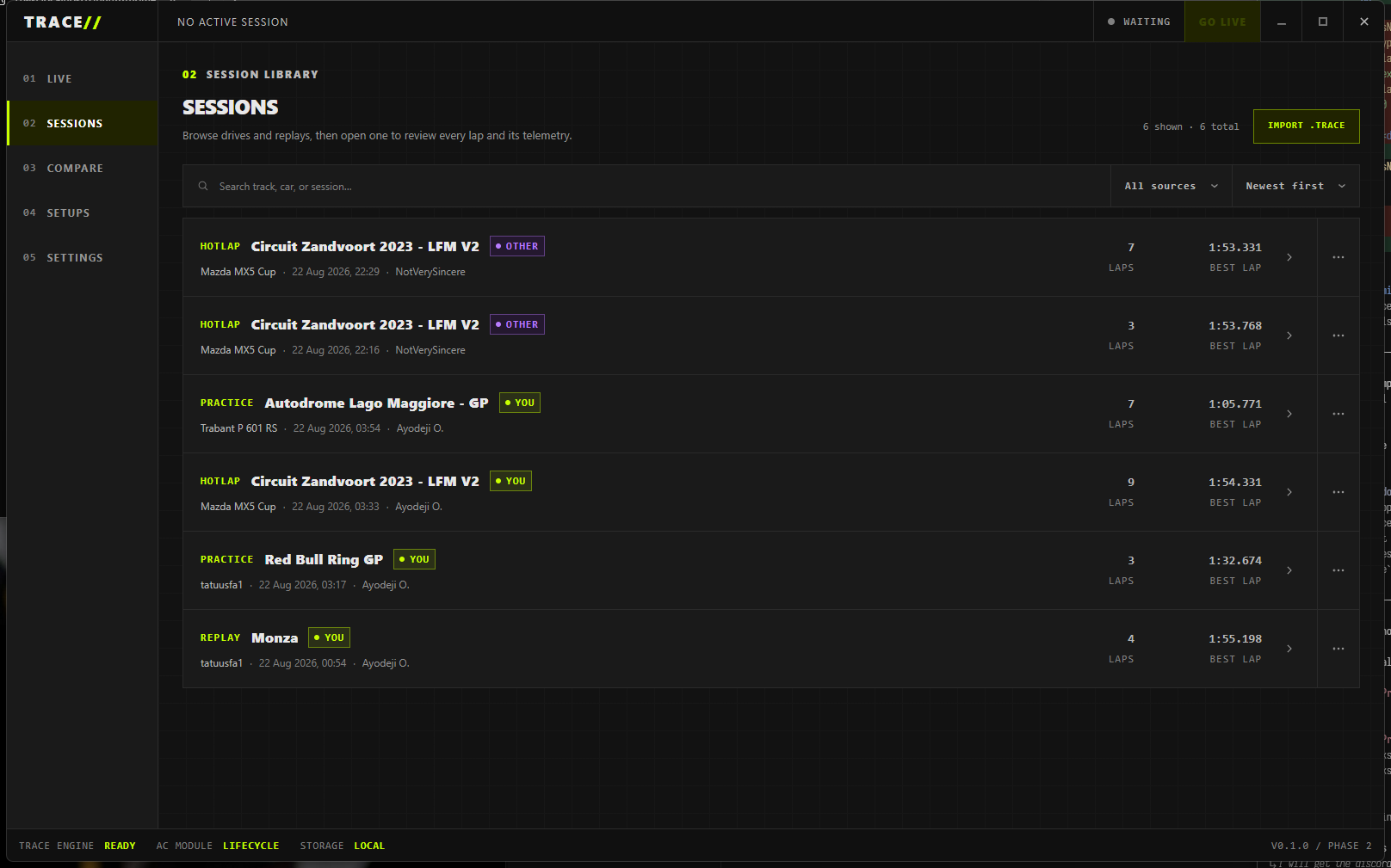 TRACE session library with search, filters, ownership, and best laps